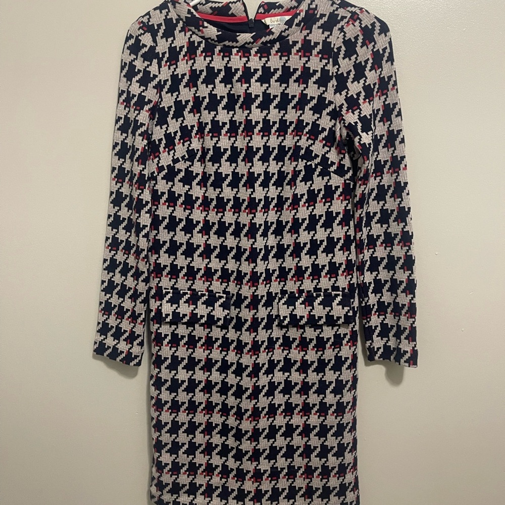 Boden Houndstooth Long Sleeve Dress - Black, White, Red